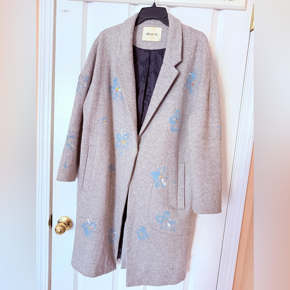 Women's Light Gray Floral Wool-Blend Coat